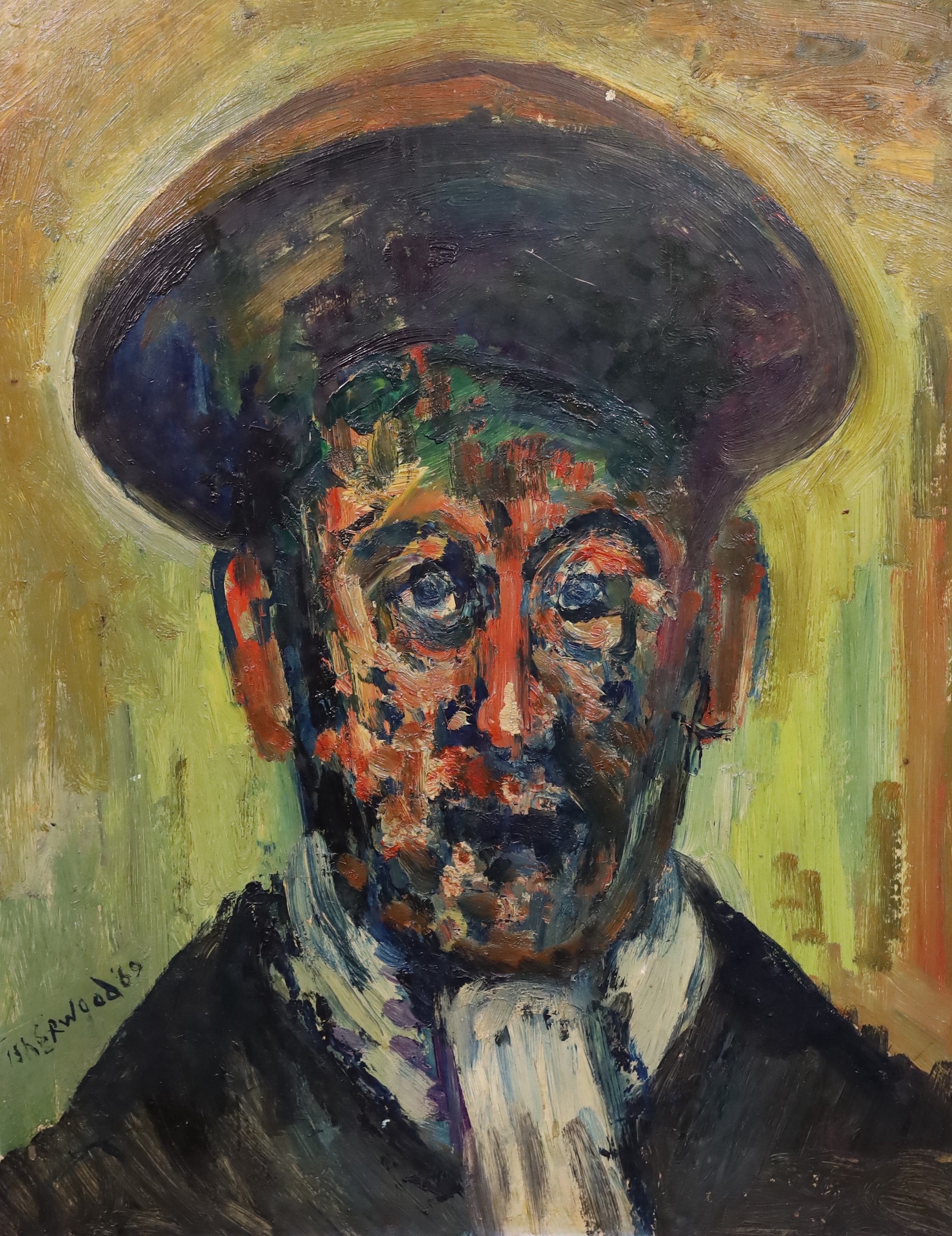 James Lawrence Isherwood (British, 1917- 1989), 'Man in Cap', oil on board, 49 x 39cm